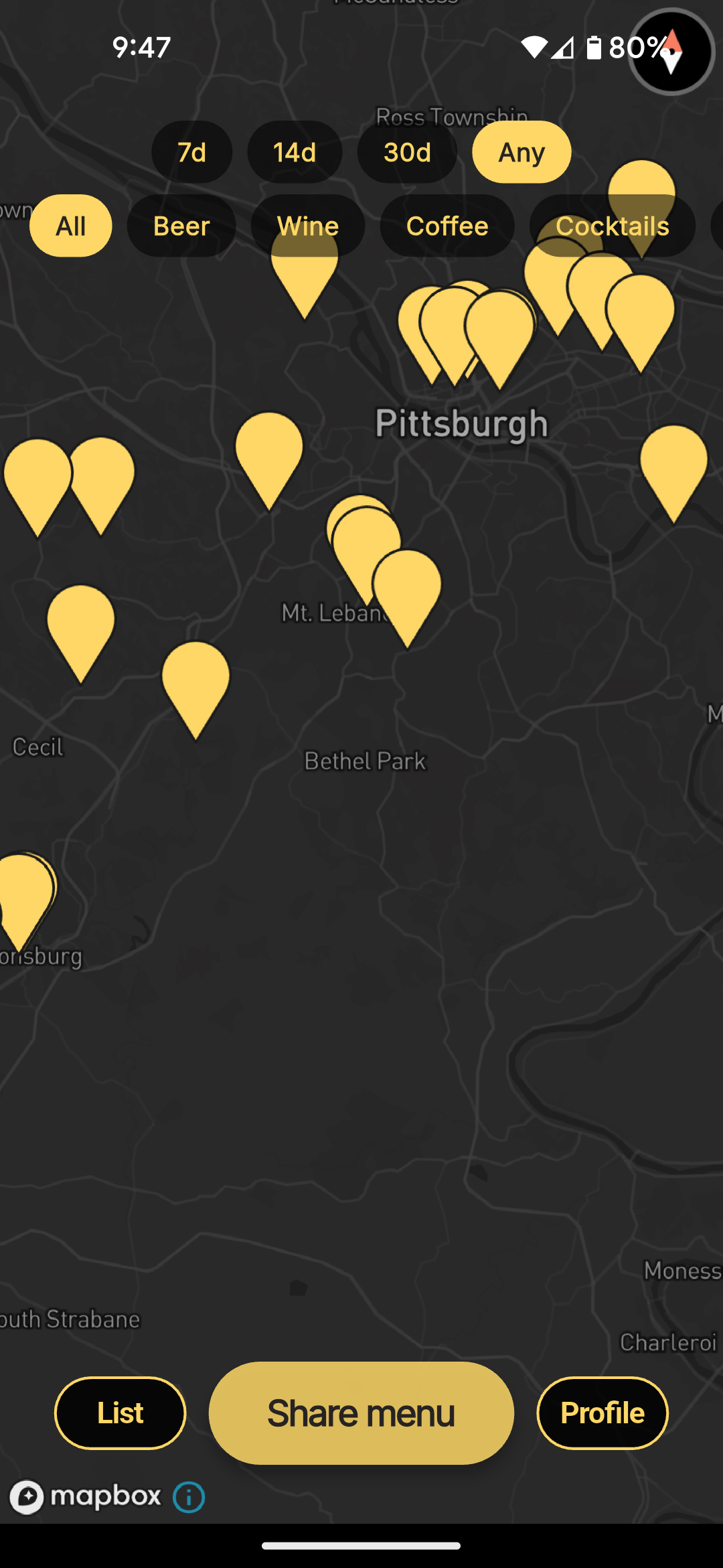Drank app map view with filters and menu markers across Pittsburgh