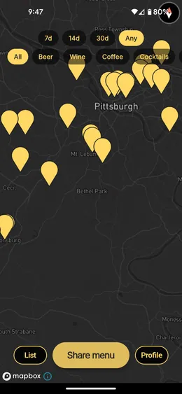 Drank app map view with filters and menu markers across Pittsburgh