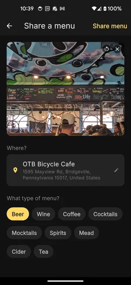 Drank app share menu screen with a venue selected and drink type options